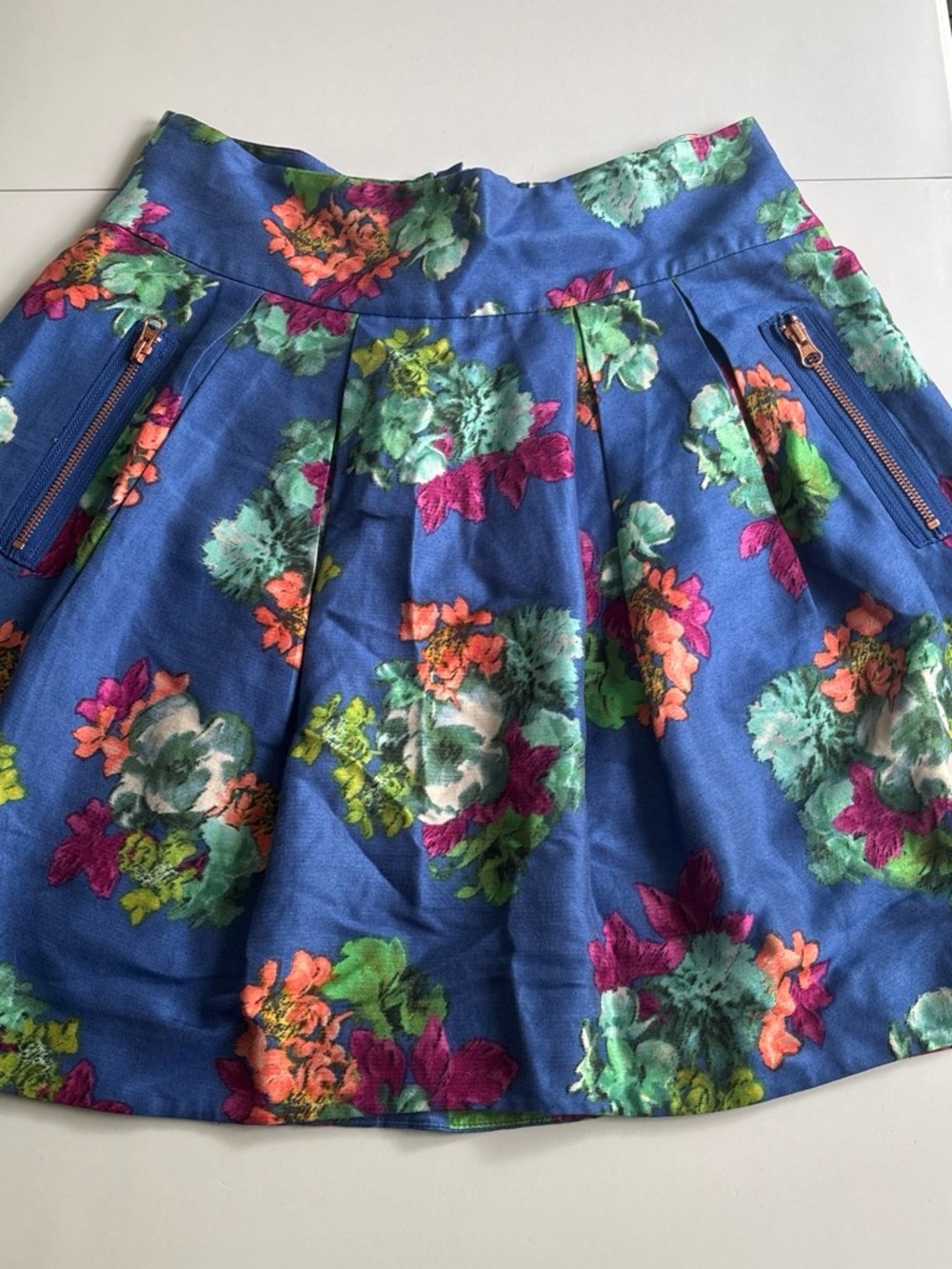 Maeve Blue Floral Circle Skirt with Zip Details
